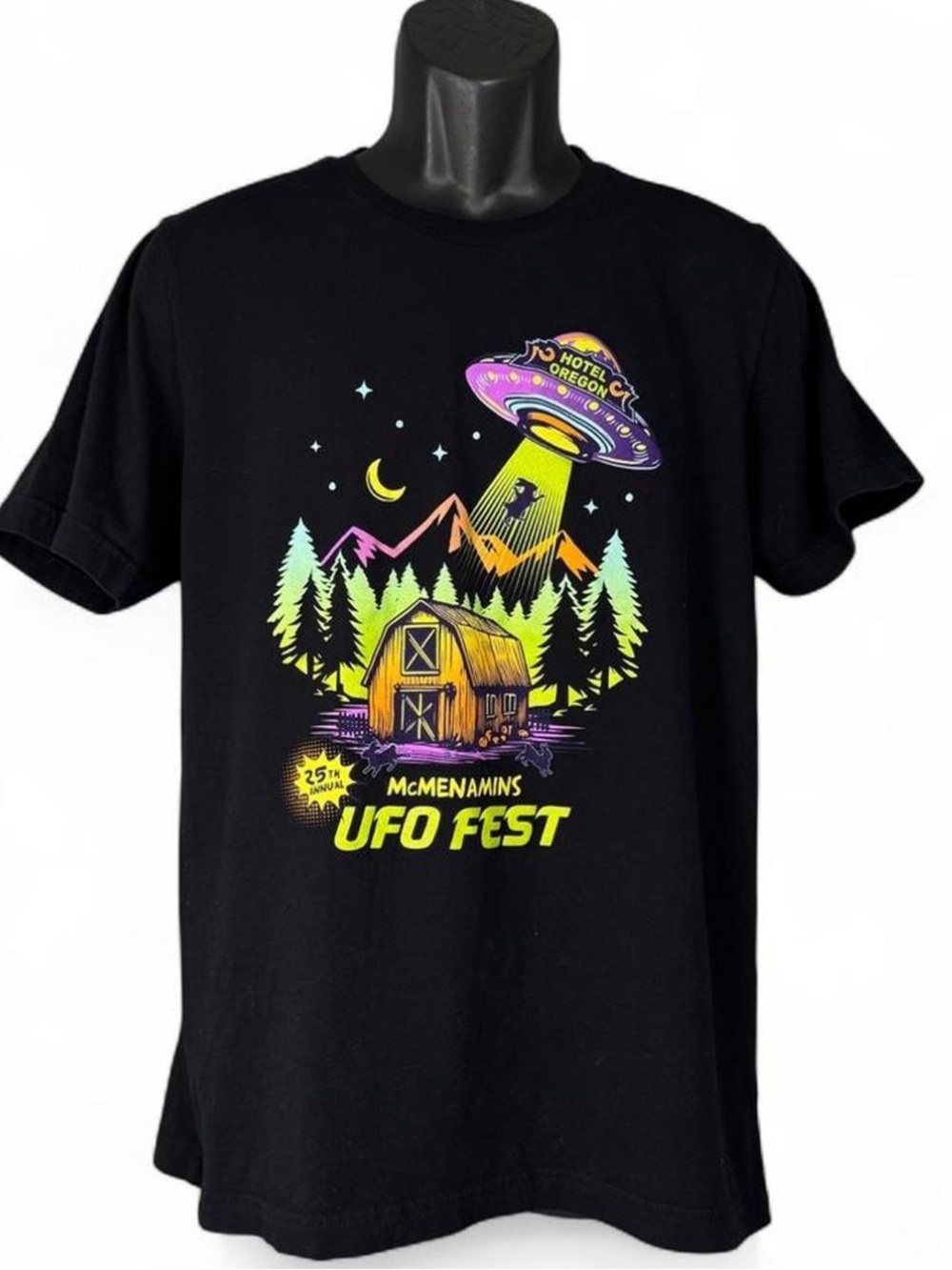 McMenamins UFO Fest 25th Anniversary 2025 black cotton t-shirt Neon Graphic L